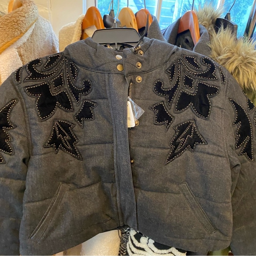 Free People Fleur De Lis Denim Puffer Jacket / Washed Black - Picture 2 of 4